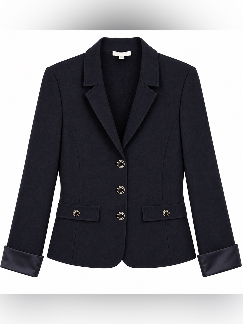St. John Black Wool Blend Blazer Jacket Satin Cuff Long Sleeves Size 14
